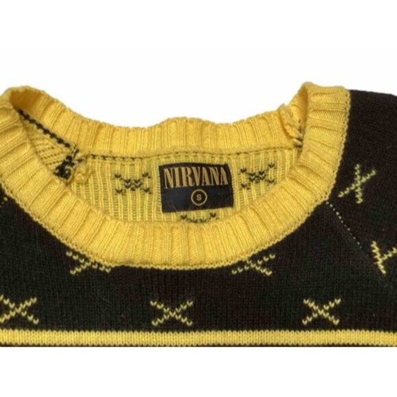 Nirvana Crew Neck Knitted Sweater Yellow Black Small Smiley Face Cobain Grunge - Picture 3 of 5